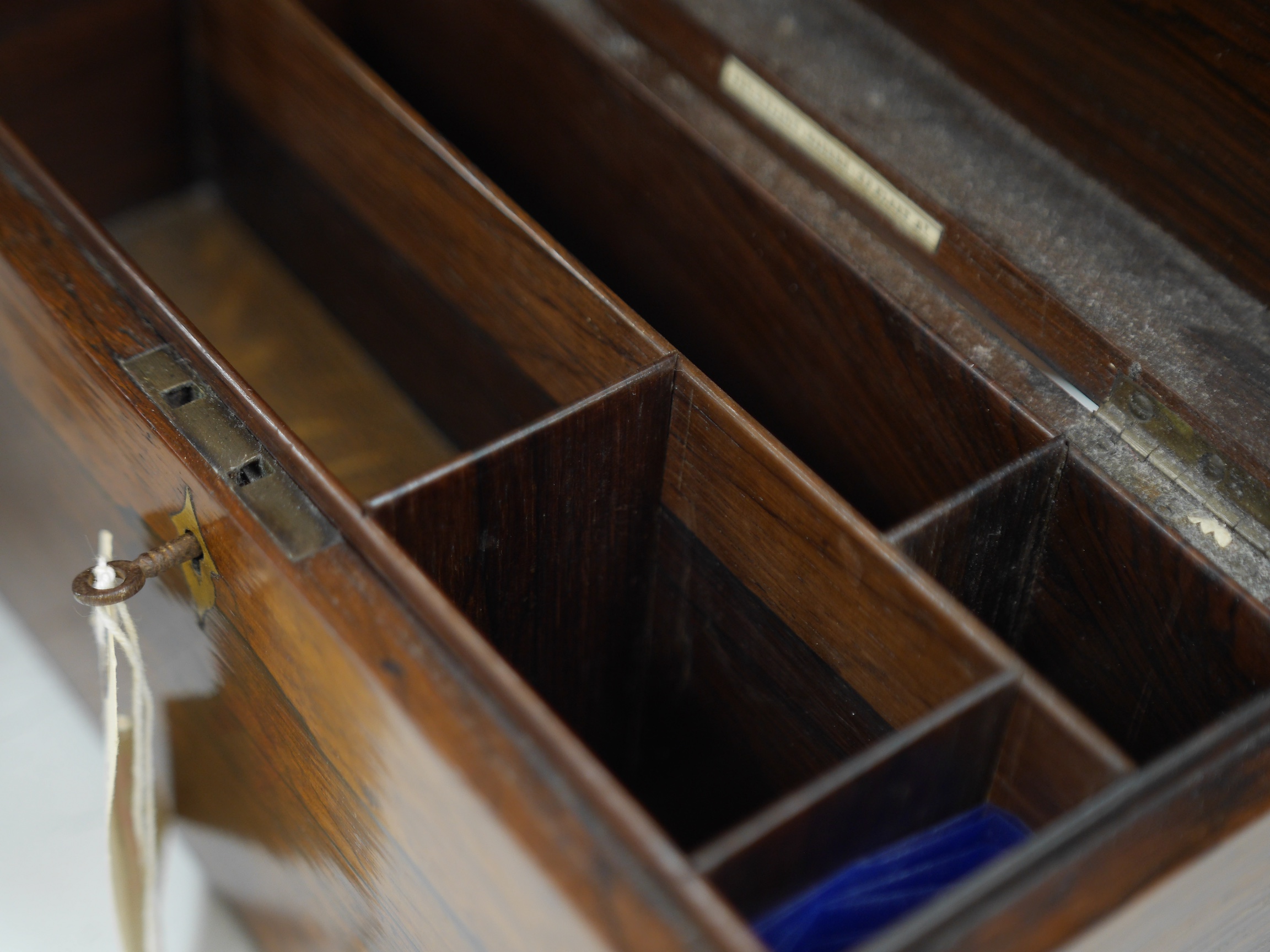 An early 19th century inlaid tea caddy, two sewing boxes and a stationery box, 25.5cm x 14cm various. Condition - stationery box good, others have some damage